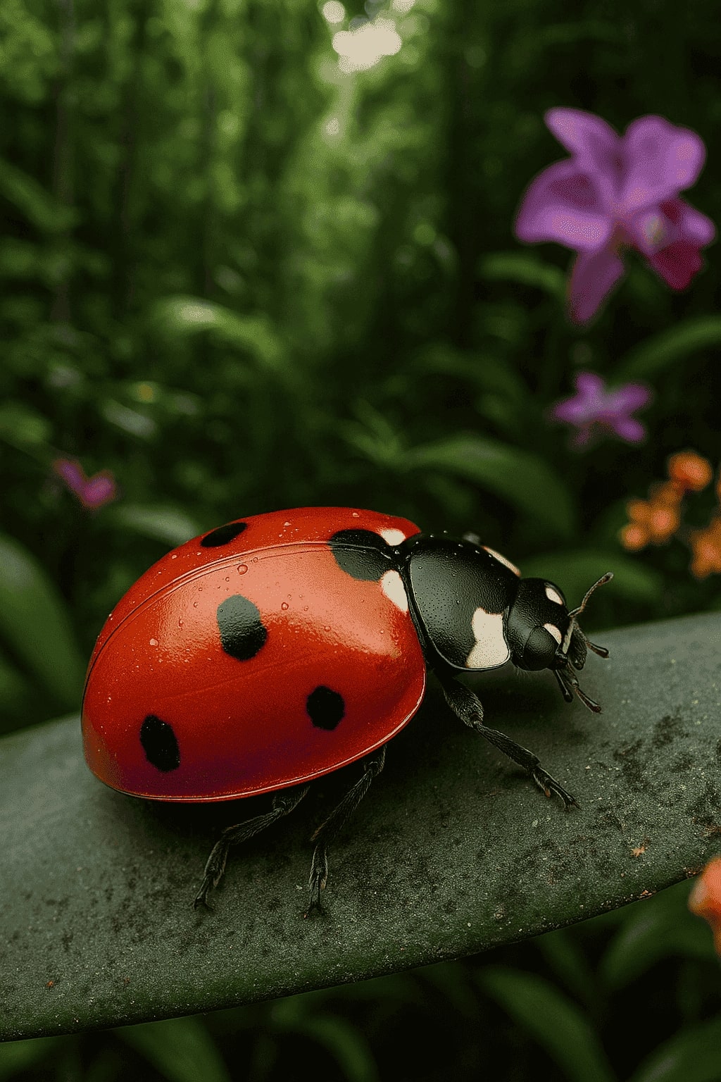Pequeño escarabajo rojo con puntos negros; diversas especies.