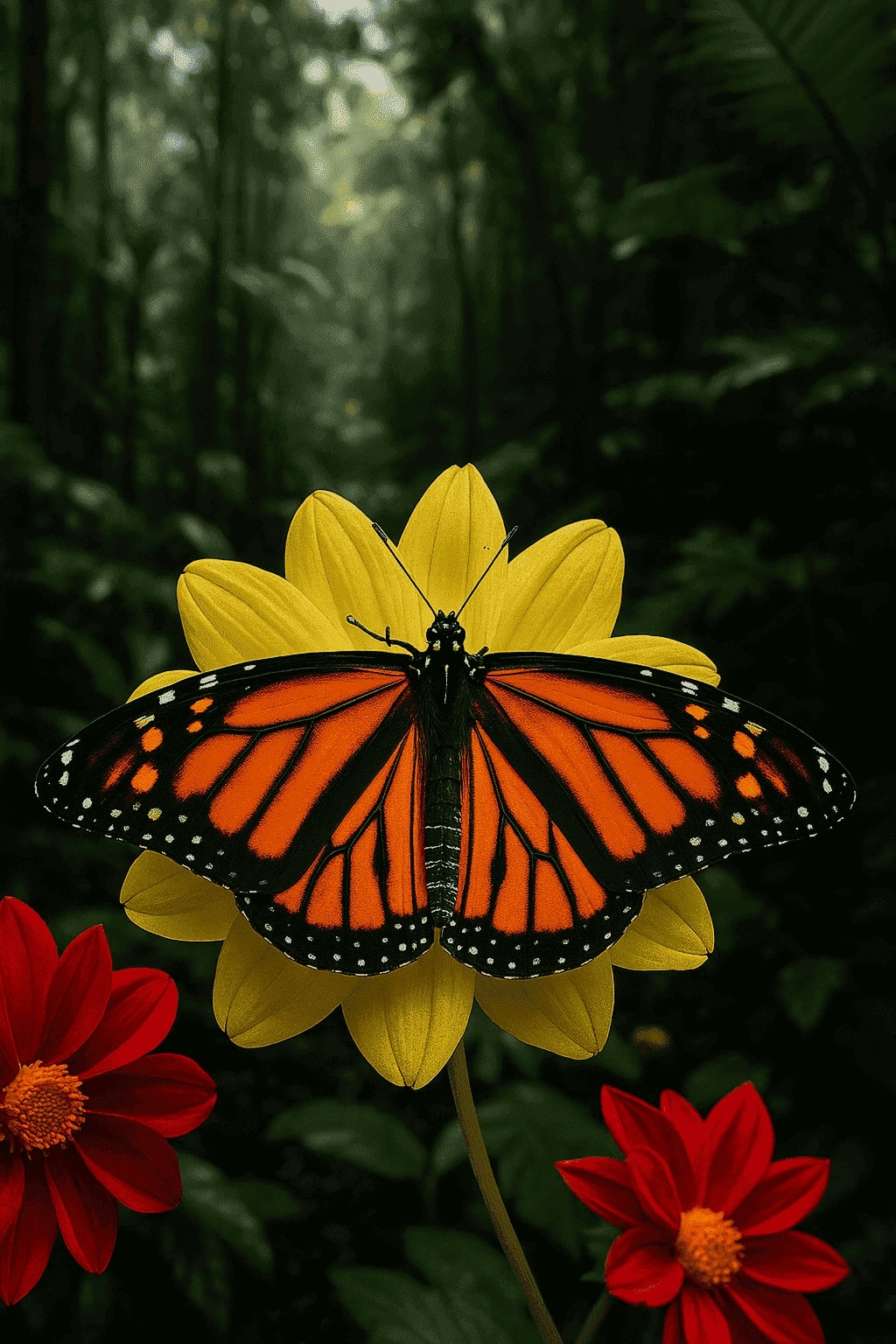 Mariposa migratoria con alas anaranjadas y venas negras.