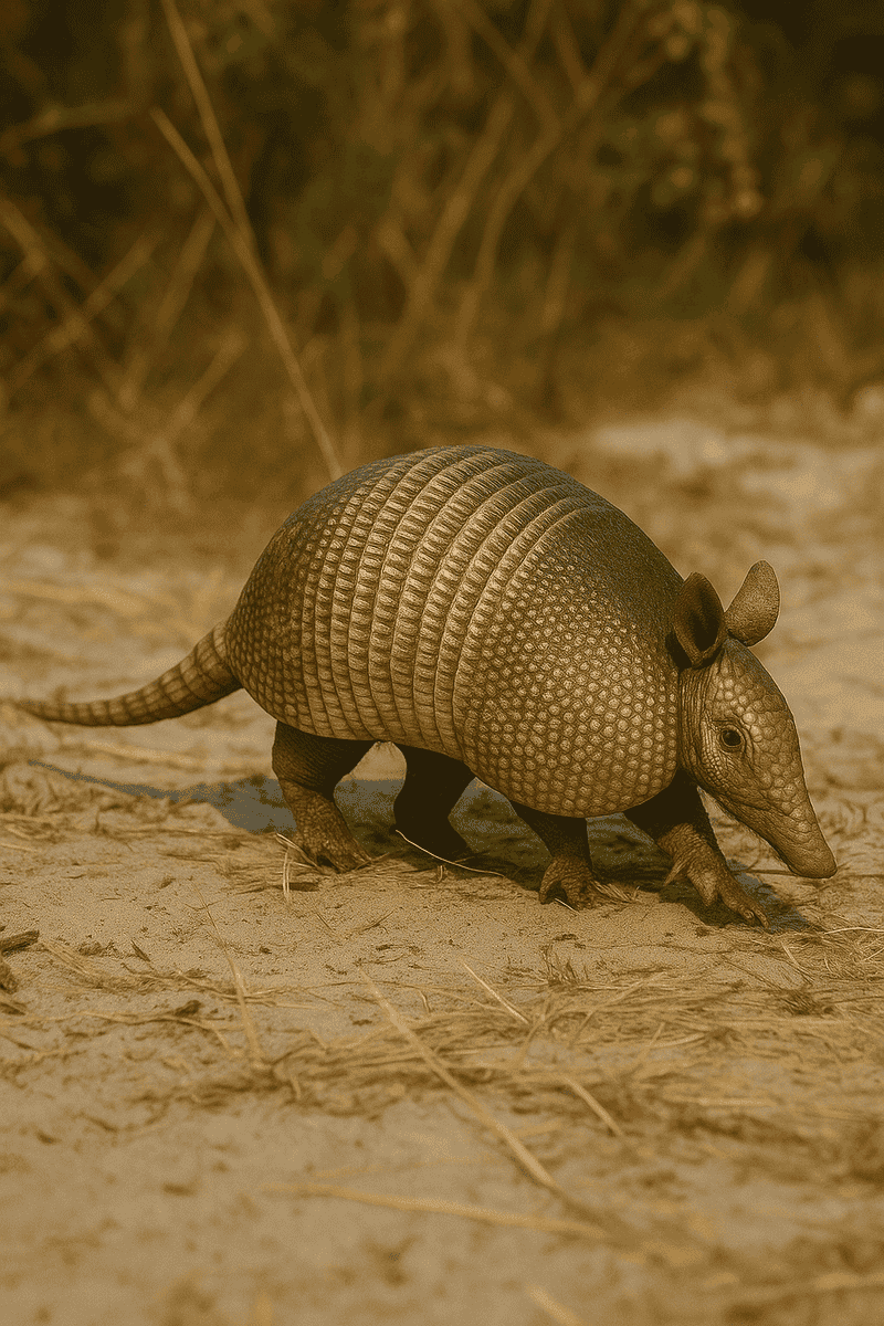 Armadillo de caparazón segmentado con nueve bandas, hocico alargado y garras fuertes, caminando sobre el sustrato