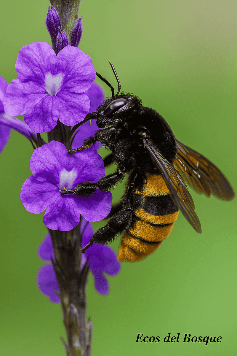 Abeja robusta de color negro con bandas anaranjadas en el abdomen, posada sobre una flor mientras recolecta néctar.