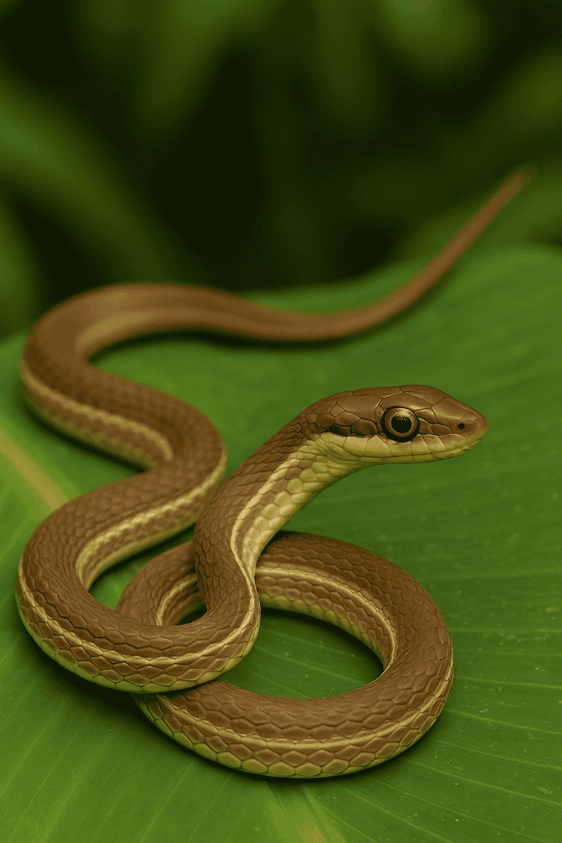 Culebra delgada de color marrón claro con una línea lateral más clara y vientre amarillento, enroscada sobre una hoja verde mientras mantiene la cabeza levantada en actitud alerta.