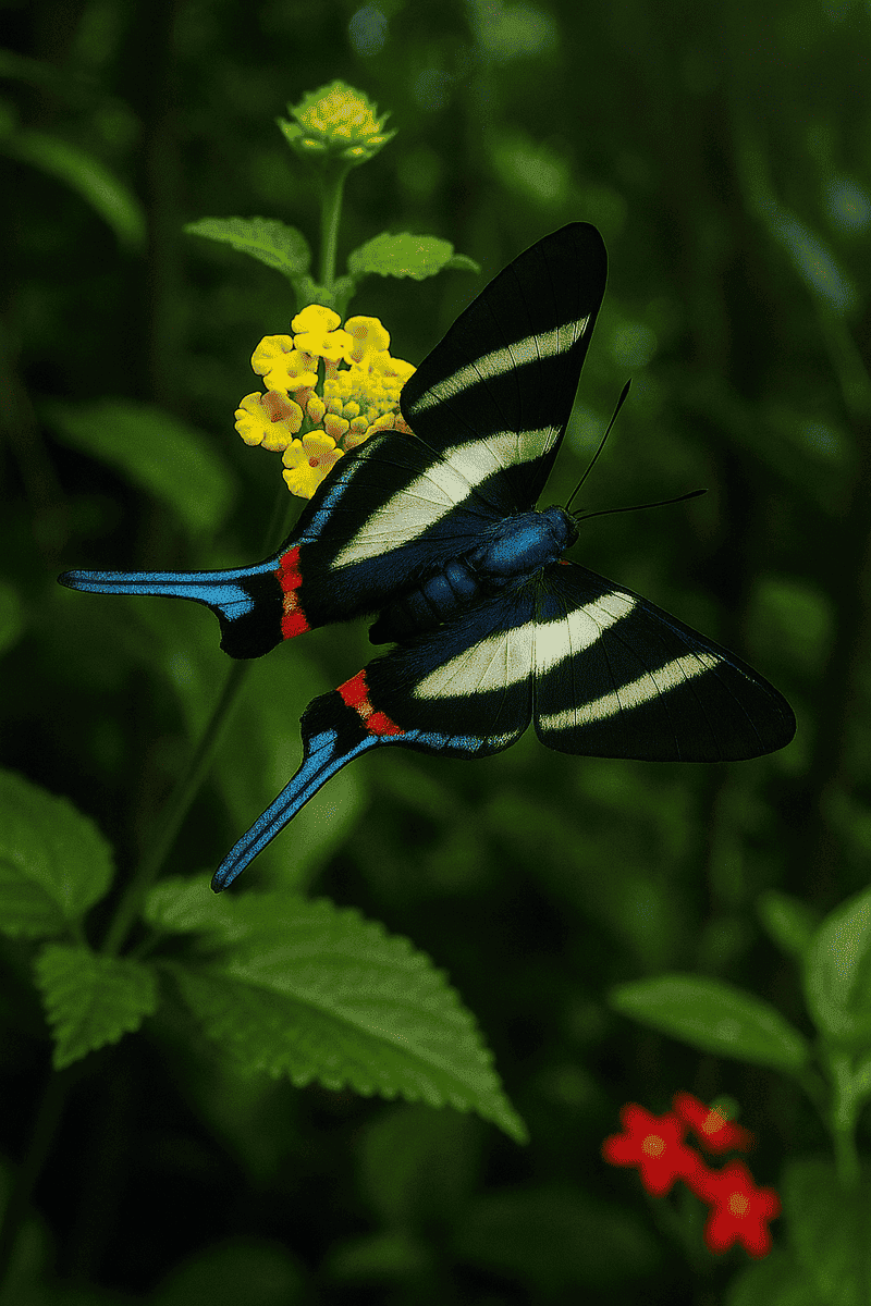 Mariposa con las negras y lineas blancas reconocida por su borde azul, posada en una flor