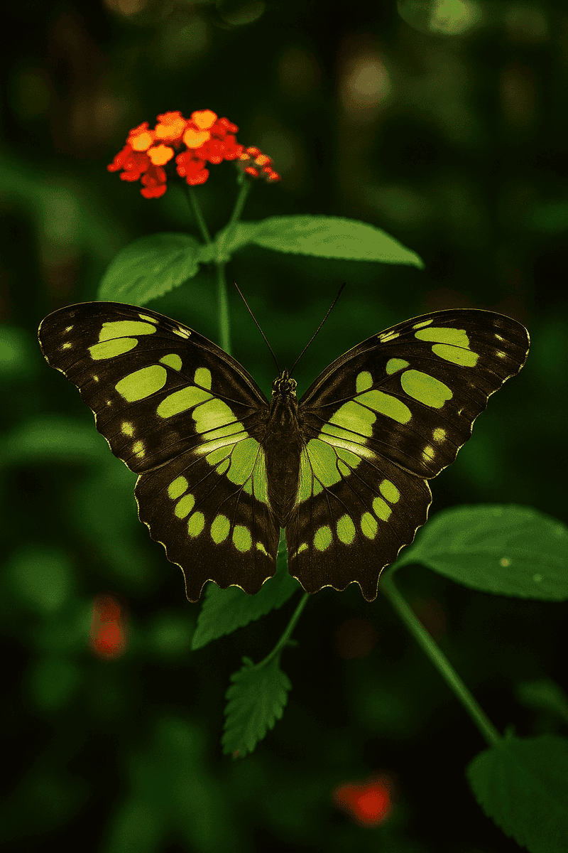 Mariposa con alas verde brillante con bordes negros posada en una hoja.
