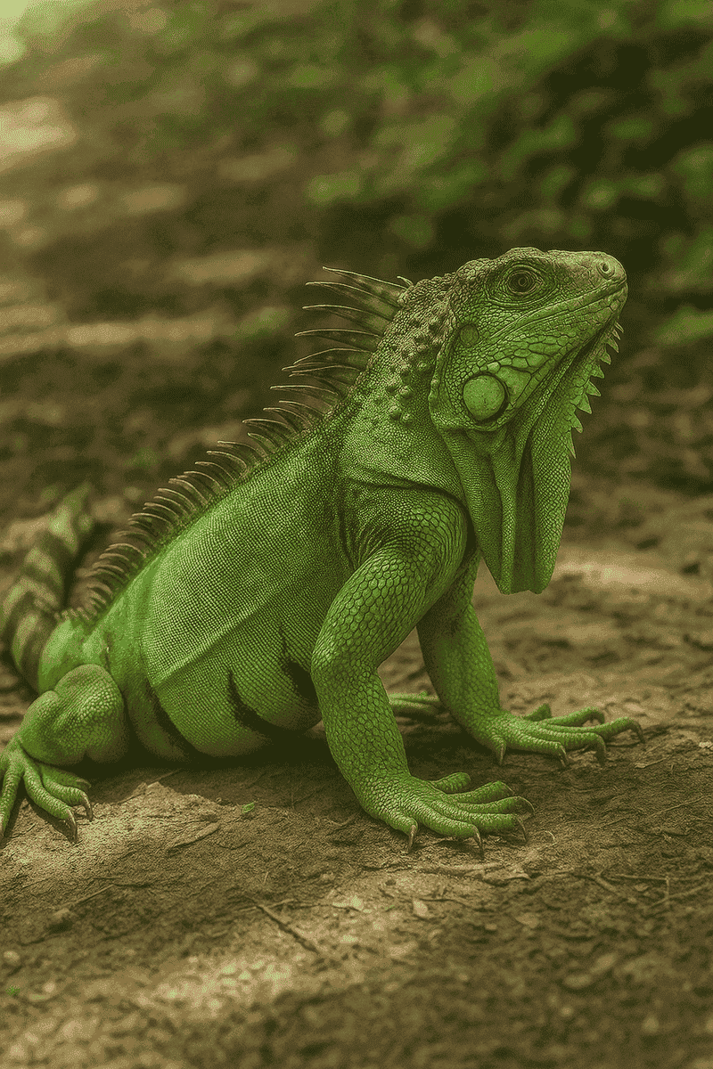 Iguana verde de gran tamaño cuerpo robusto, cresta dorsal prominente y cola larga