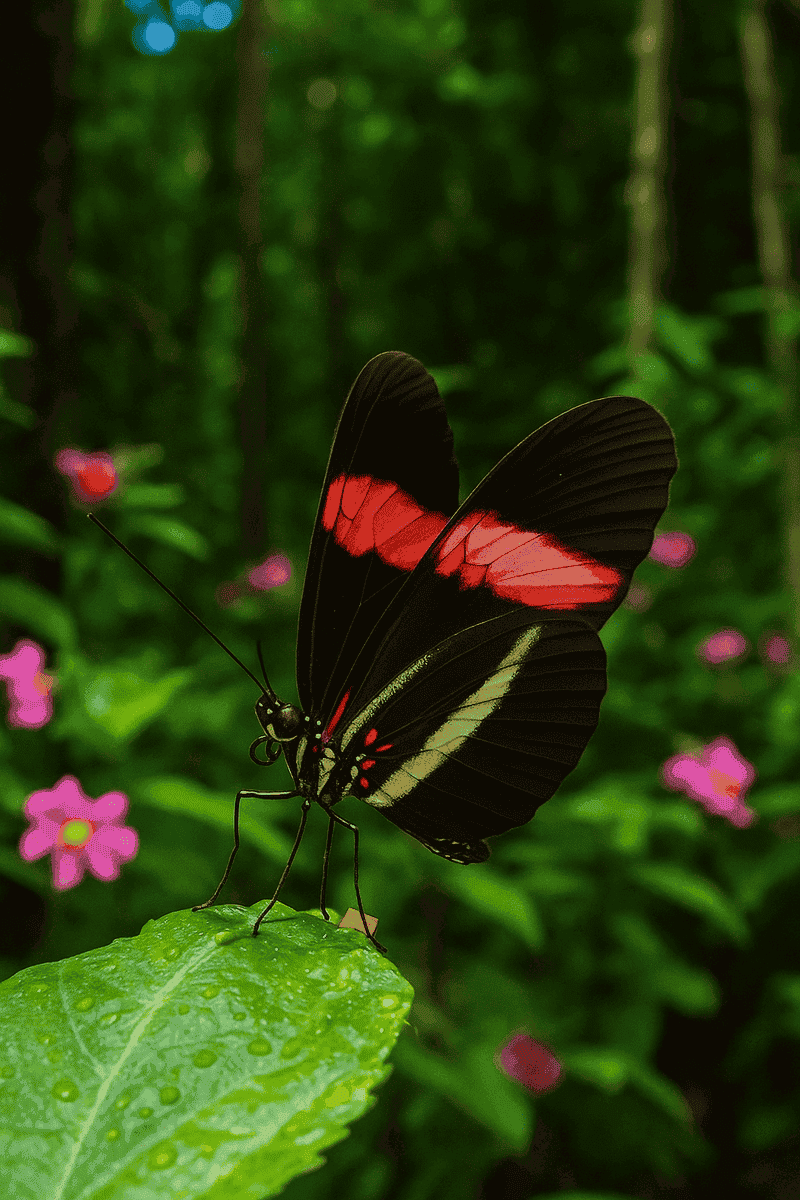 Mariposa de alas negras con franjas rojas y blancas posada sobre una hoja verde, con el fondo de un bosque y flores rosadas difuminadas.
