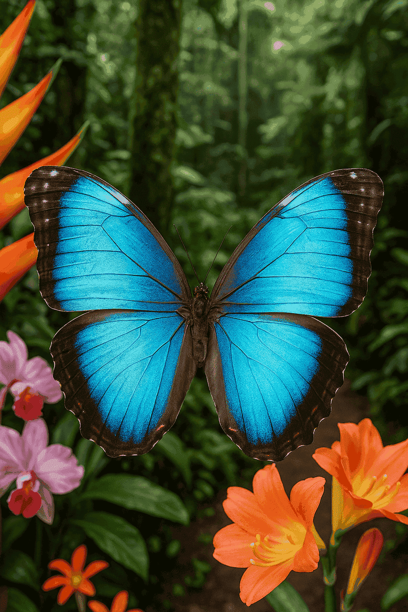 Mariposa de alas azules con fondo de flores