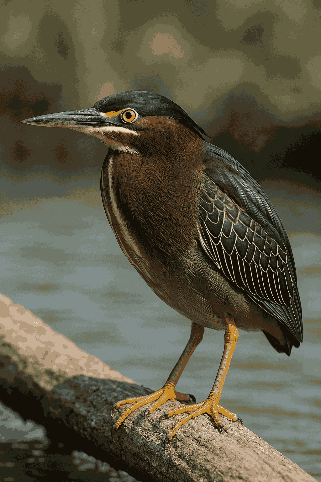 Garcita verdosa en una rama con su habitat acuatico de fondo
